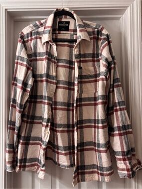 Hollister Cream Plaid Button-Down Shirt with Red and Gray Stripes